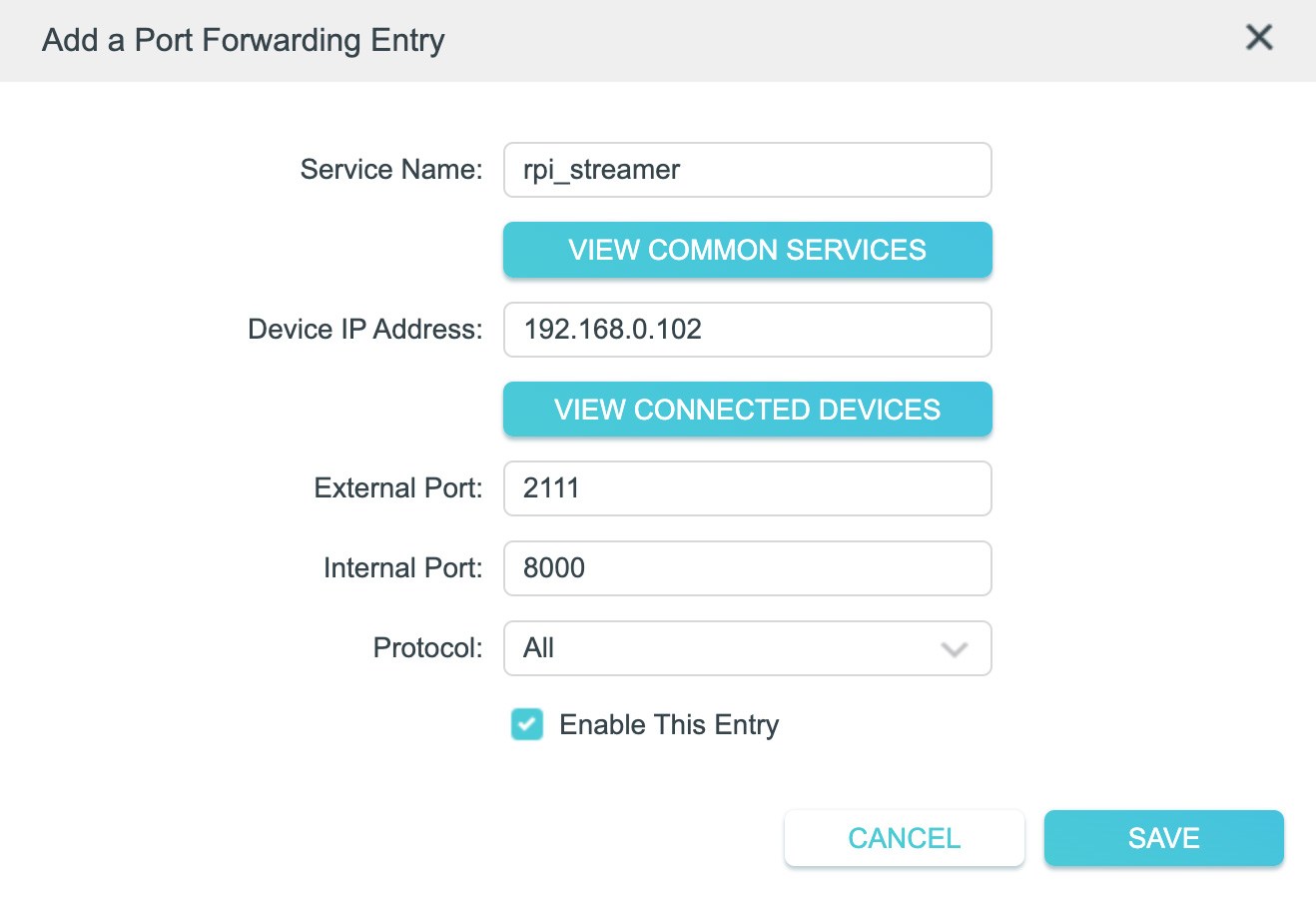 Screenshot of the home router configuration page