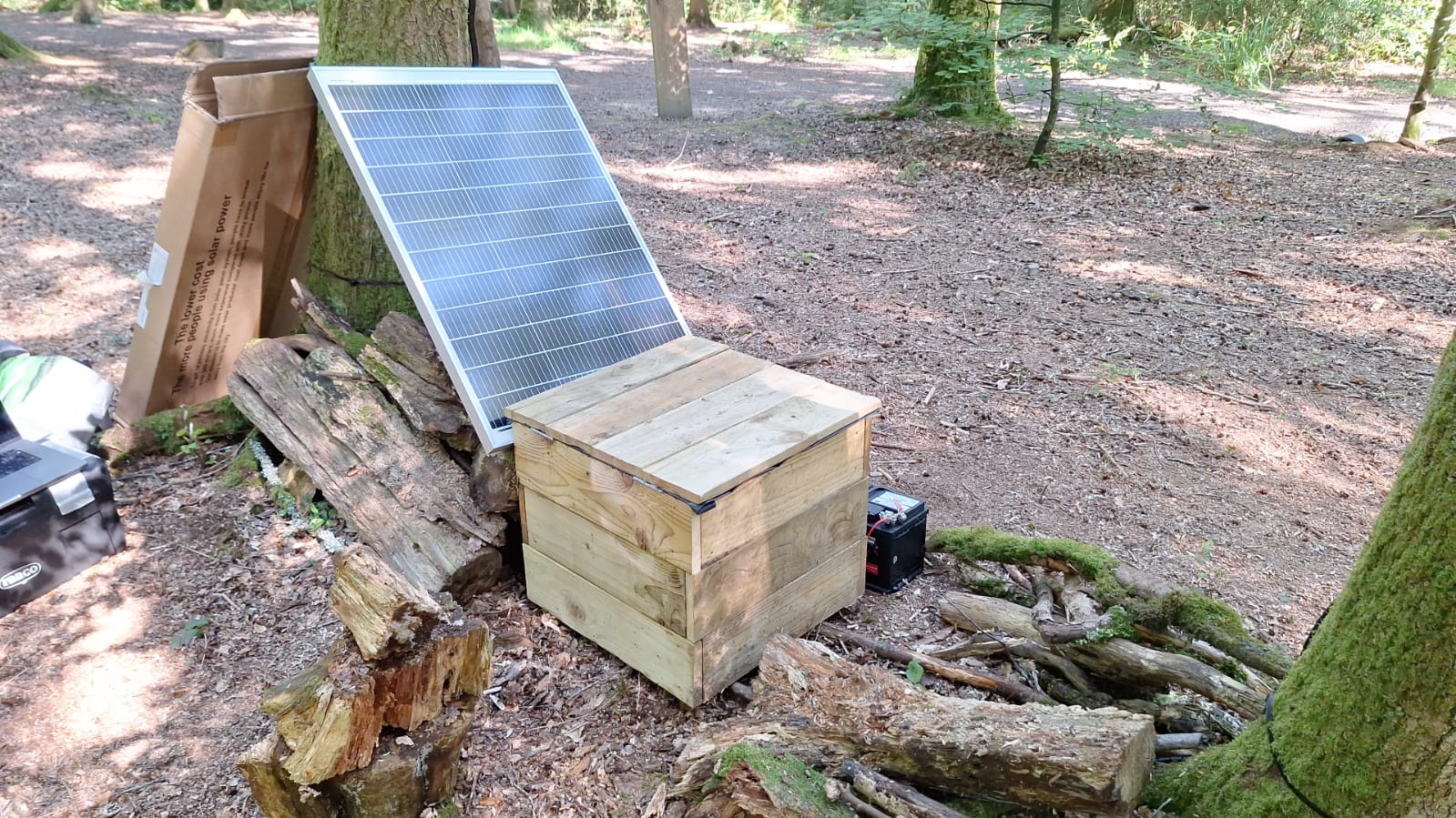 Dendrophone installation: setting up one solar panel.