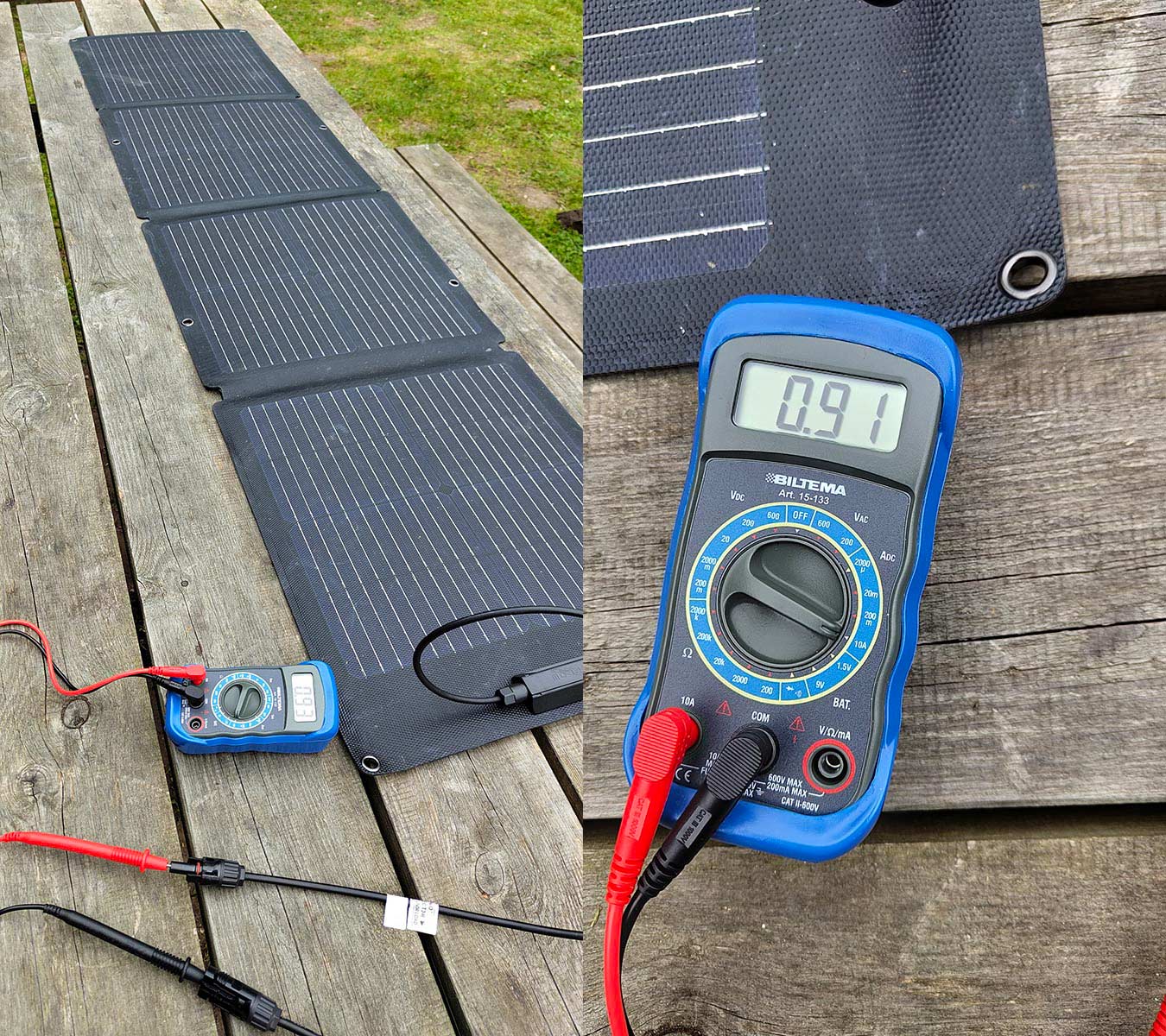 Taking current measurements of the Ecoflow solar panel using the multimeter.