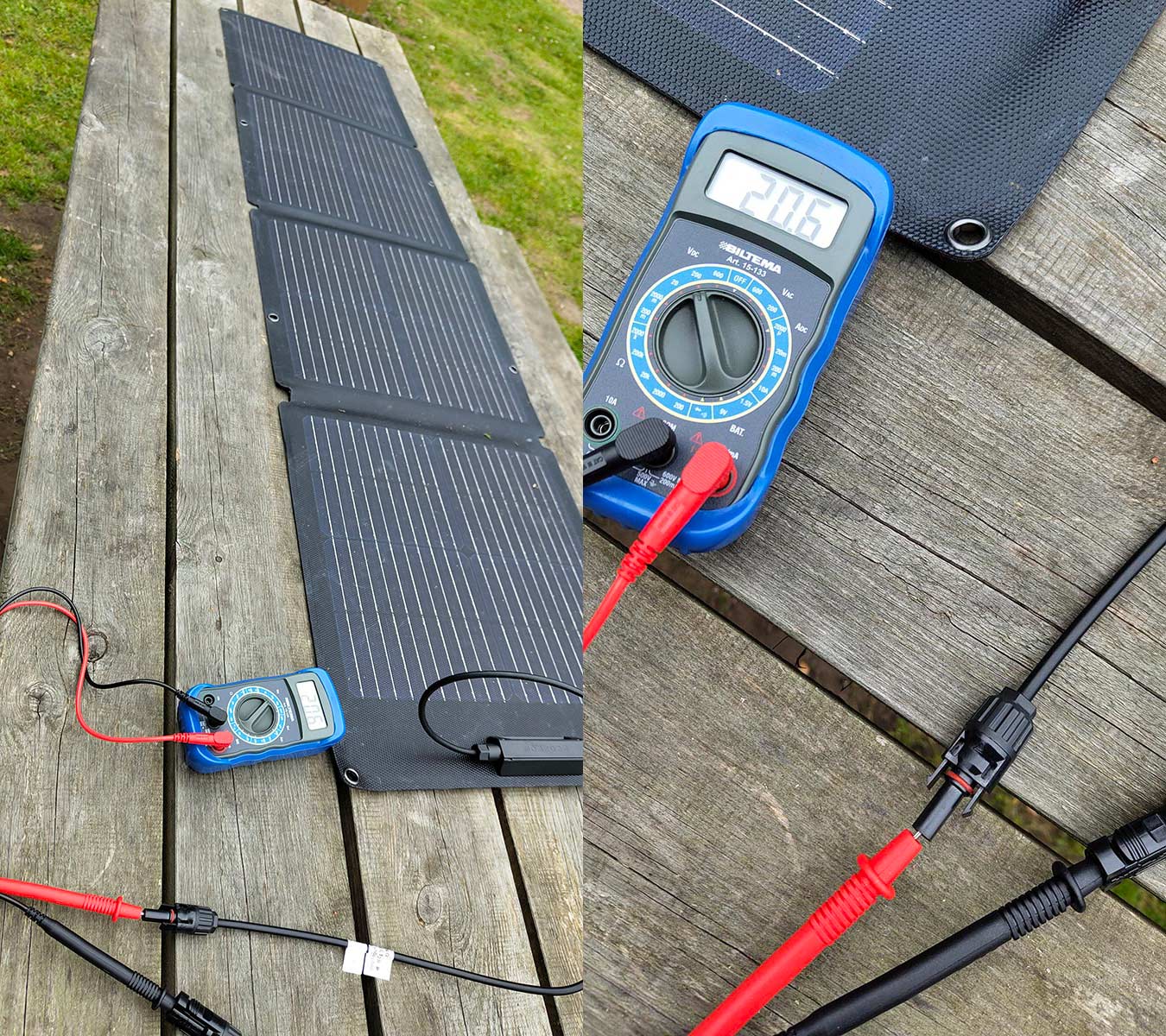 Taking voltage measurements of the Ecoflow solar panel using the multimeter.