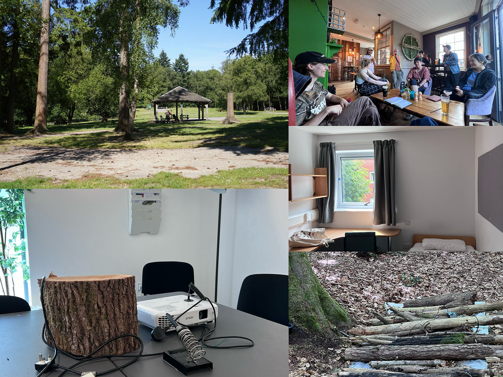 Left 1: The open space outside the activity center; Left 2: Meeting room in the activity center; Right 1: The social meetup at The White House; Right 3: The accommodation at the Manor Park campus of the Univerisity of Surrey. Right 2: Work-in-progress of Miles Scharff's installation.