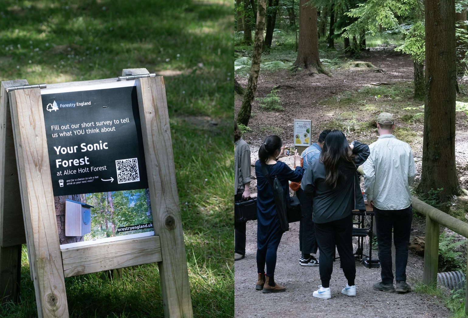 Left: The a-frame at the entrance of the exhibition; Right: Visitors gathering around Rosa Sungjoo Park's work.