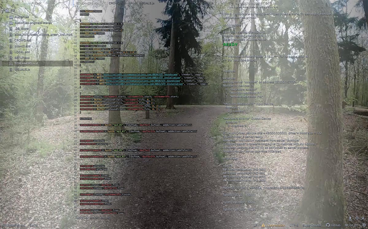 Screenshot of the Sensing the Forest live-coding session.