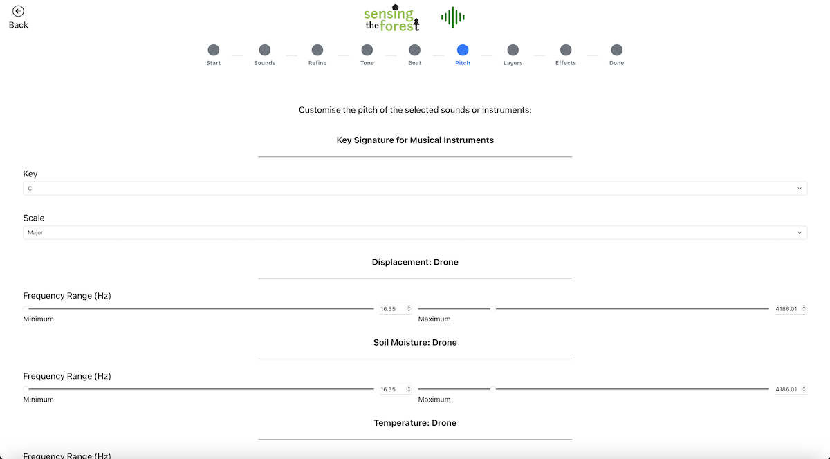 Screenshot of the Dendrostream Custom Audio pitch options selection, displaying key signature options for the piece, and pitch configuration options for each instrument presented within the sonification.
