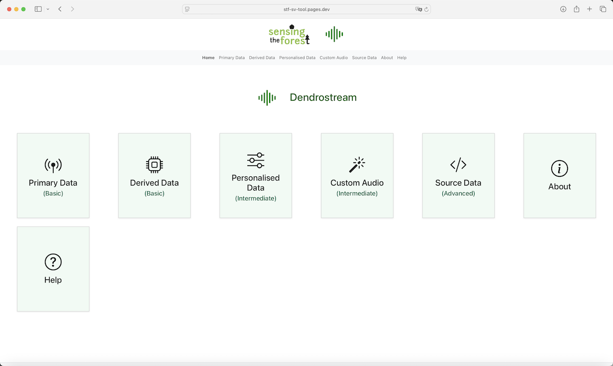 Screenshot of the Dendrostream homepage, displaying a user-friendly icon-based dashboard, with buttons providing links to all core functionality.