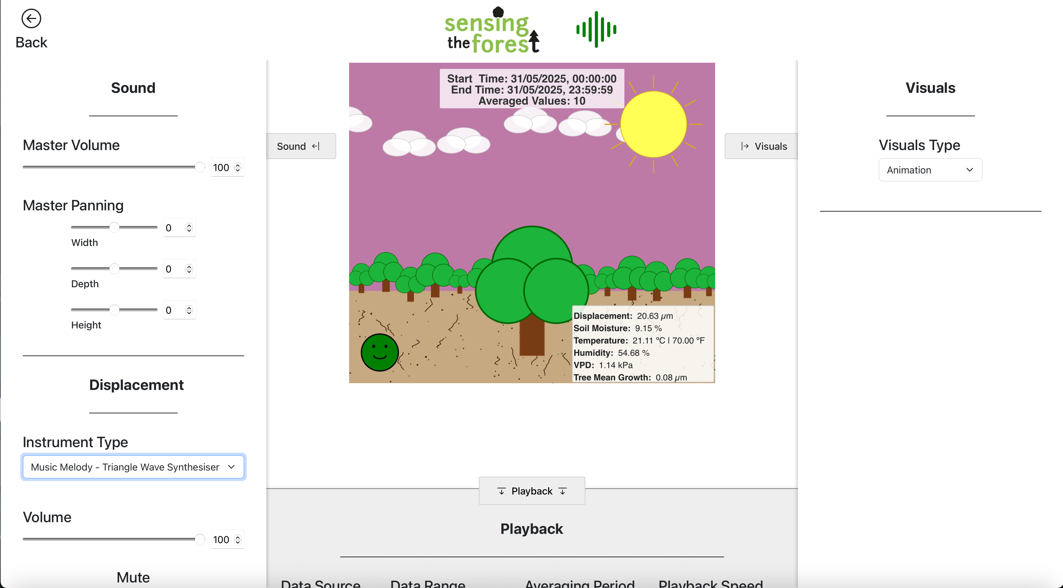 Screenshot of the Dendrostream Personalised Data forest scene animation data visualisation using p5.js, with playback, sound, and visuals customisation option panels visible.