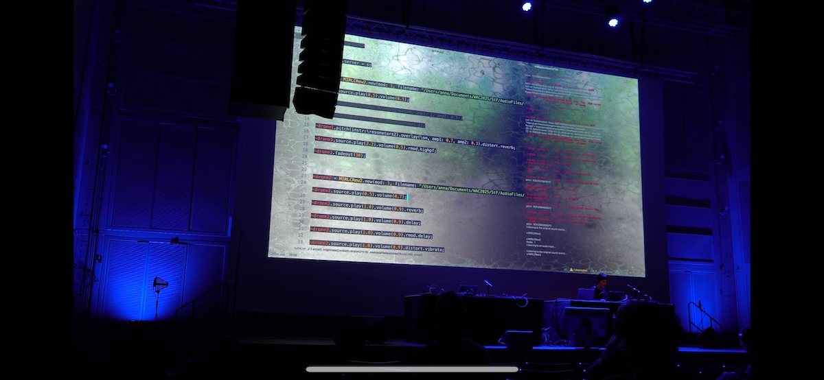 Anna Xambó performing “Sensing the Alice Holt Forest” at the live coding concert in IRCAM's Espace de Projection on 19th November 2025. Photo Credit: Tug O’Flaherty.